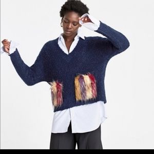 Zara Navy V Neck Faux Fur Pocket Sweater